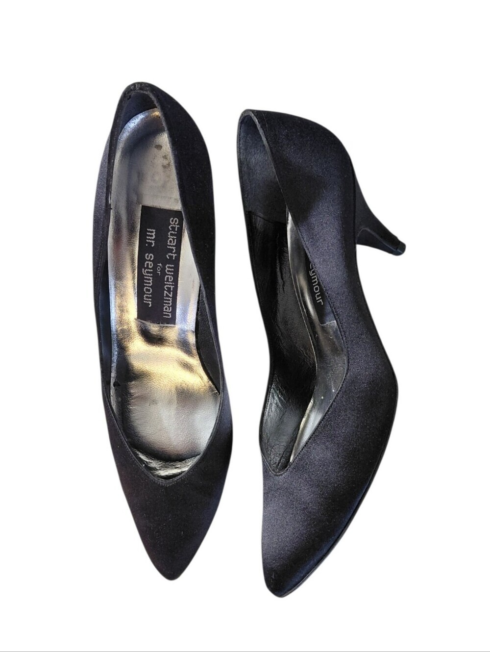 Stuart Weitzman Black Satin Pointed Pumps with Short Heel Size 5
